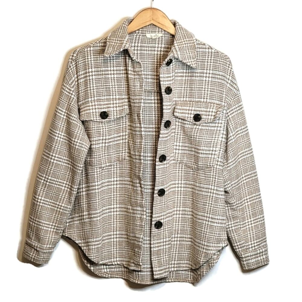 La Miel Plaid Button Front Shacket Shirt Tan Cream Cozy Fall S - Picture 7 of 12